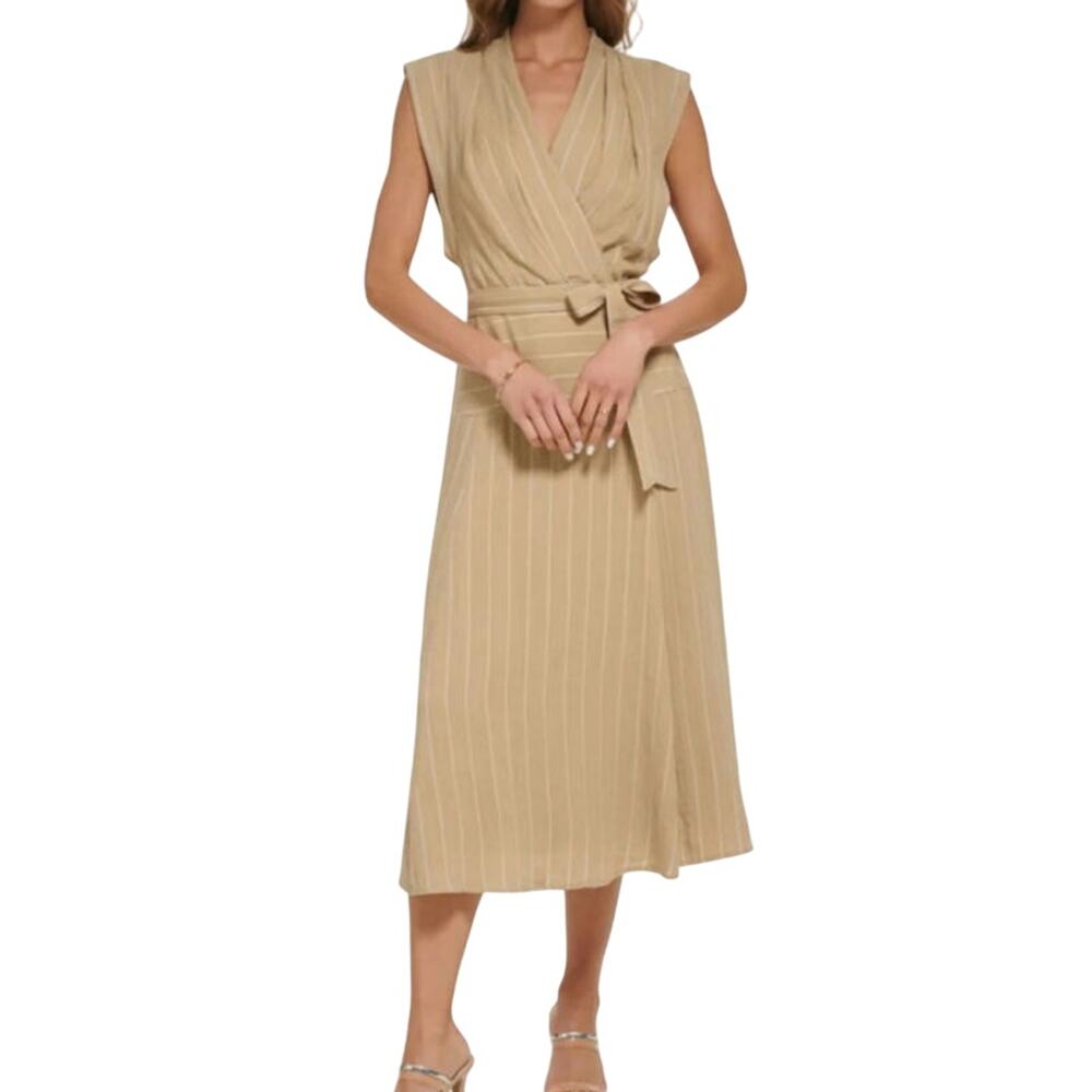 NWT DKNY Linen Blend Striped Sleeveless Surplice Midi Dress in Khaki/White